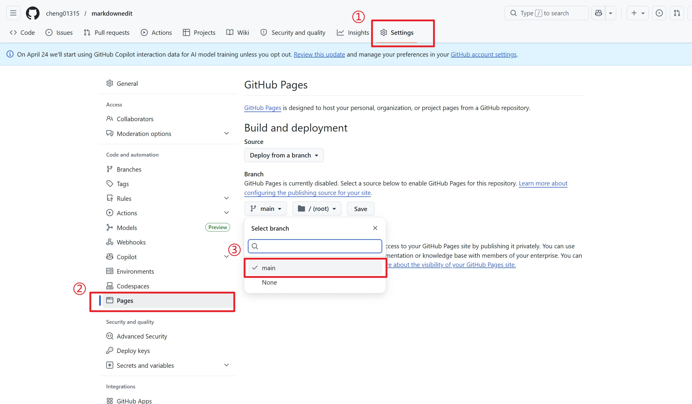 我们回到GitHub官网，选择Settings - > Pages 选项，将分支选择为main