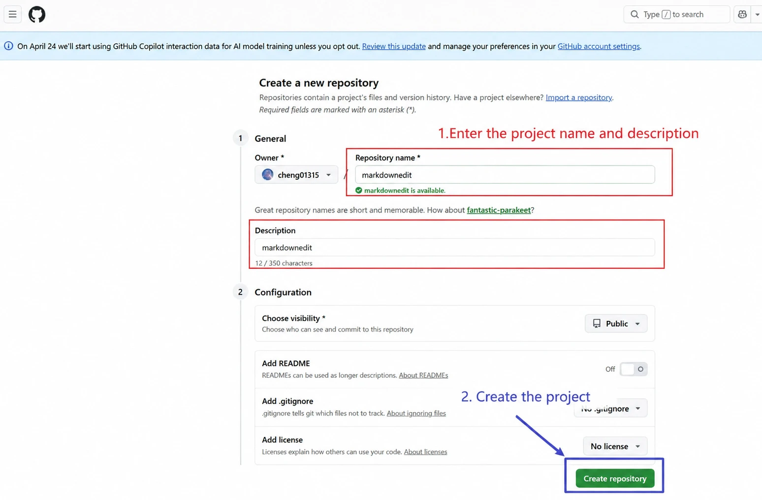 Create a project after entering the project name and description