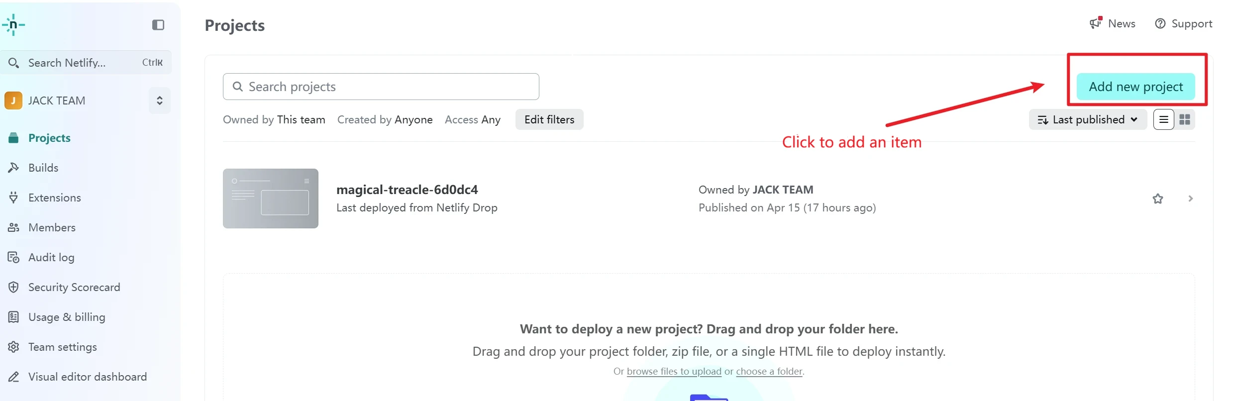 In the Netlify dashboard, click "Add new site" to add a new project.