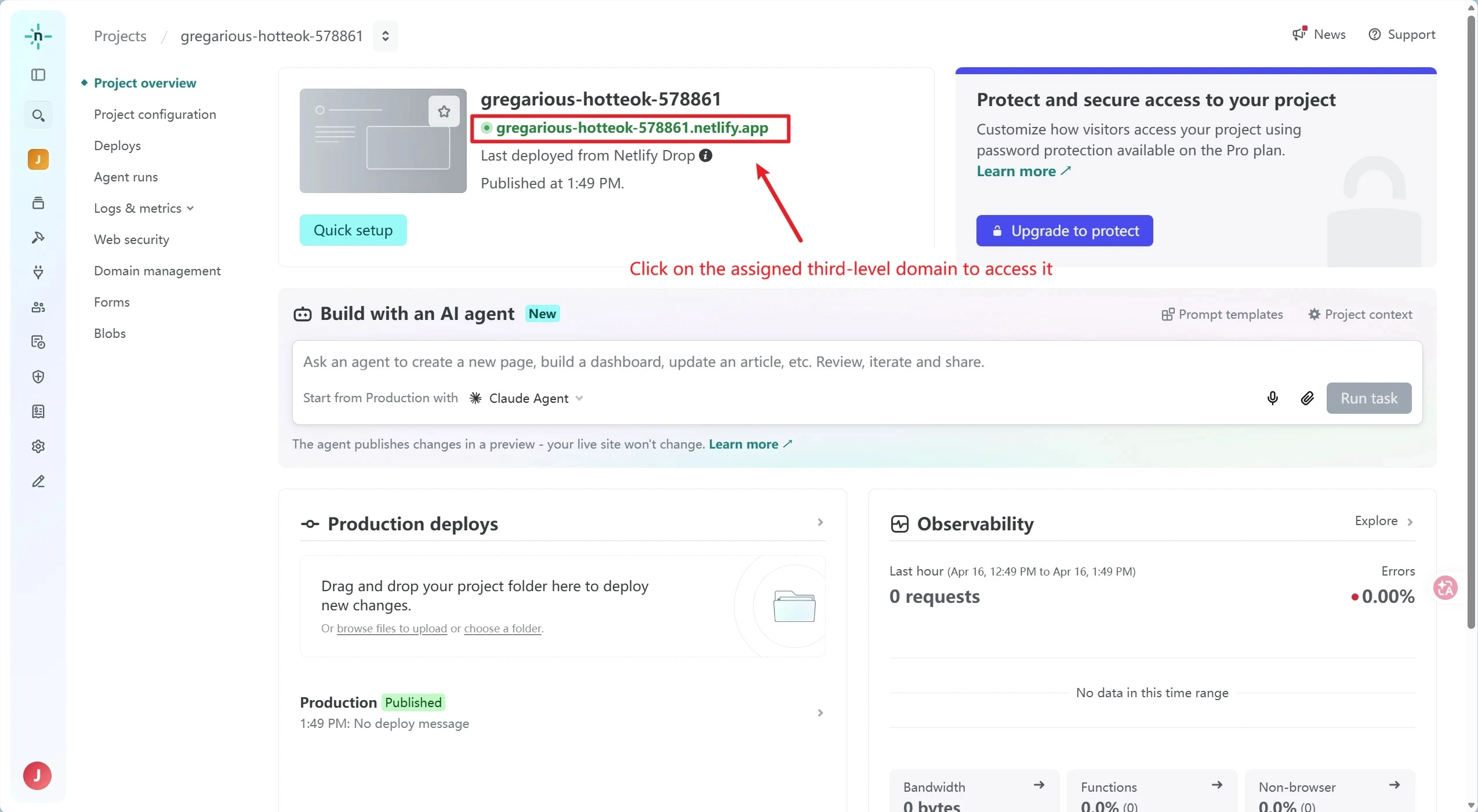 Netlify deployment was successful, and a free third-level domain was generated