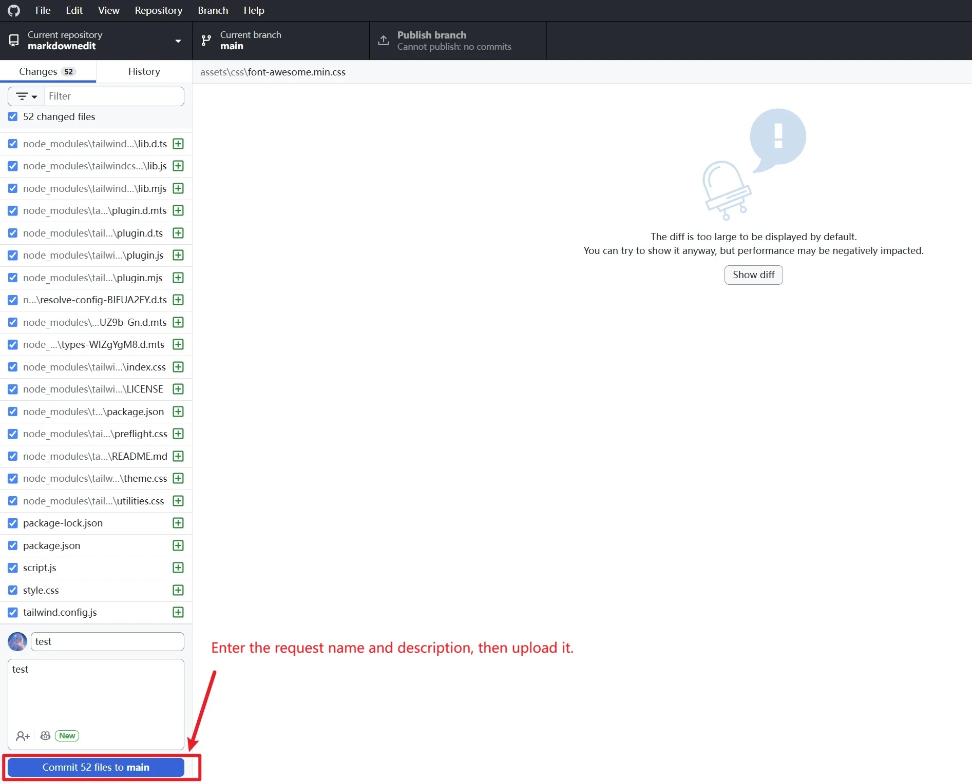 Open GitHub Desktop, and you'll see the changed files listed on the left. We can just commit them right away.